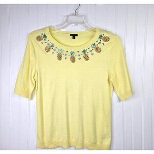 Talbots Sweater Women Medium Yellow Pineapple Embroider Sequin Knit Top Tropical